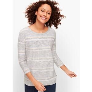 T by Talbots Gray Multi Stripe Button Back Top Womens M 3/4 Sleeve Casual Chic